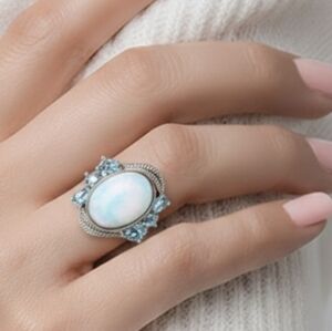 Eye Catching Oval Shell & Sea Blu Blue Zircon Ring Size 5